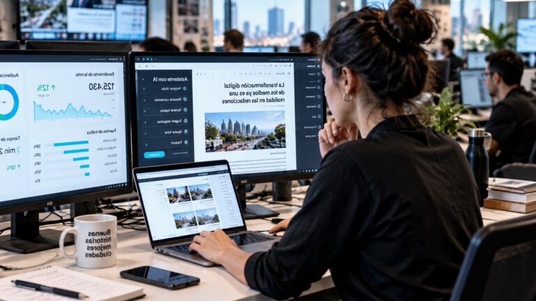 Mesa de trabajo con CMS, métricas y dispositivos de publicación.