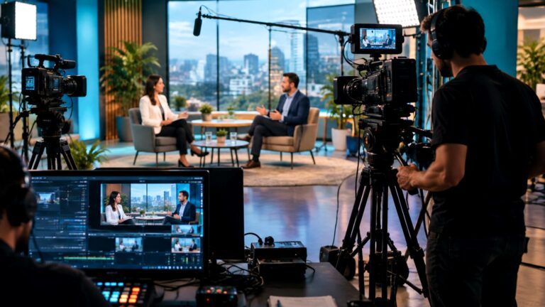 Estudio multimedia con cámaras, monitoreo y producción audiovisual.