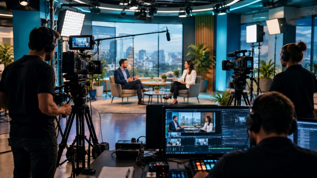 Estudio de video preparado para una entrevista y transmisión digital.